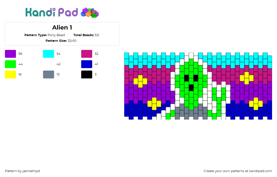 Alien 1 - Pony Bead Pattern by jasmethyst on Kandi Pad - alien,space,cuff,playful,galactic,twist,green,purple