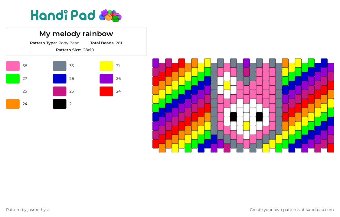 My melody rainbow - Pony Bead Pattern by jasmethyst on Kandi Pad - my melody,sanrio,rainbow,stripes,cuff,character,vivid,unique