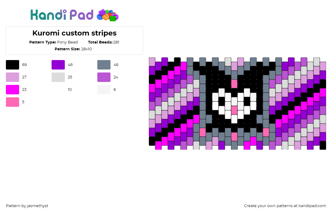 Kuromi custom stripes - Pony Bead Pattern by jasmethyst on Kandi Pad - kuromi,sanrio,kawaii,diagonal,stripes,cuff,character,black,pink,purple