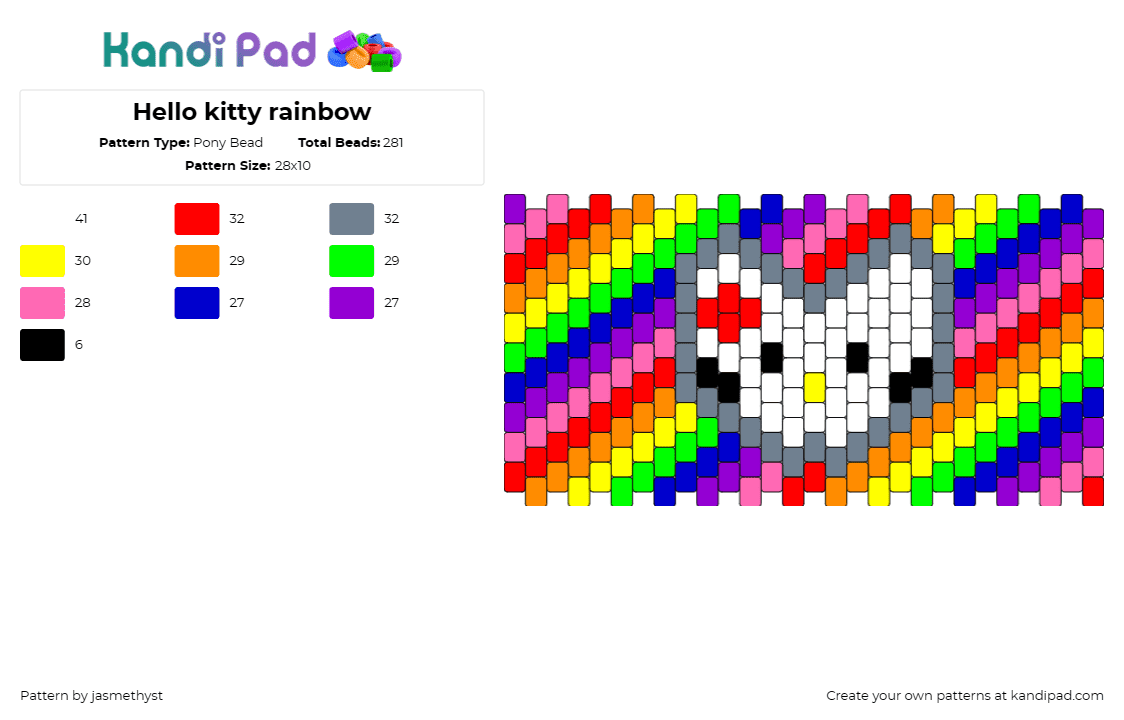 Hello kitty rainbow - Pony Bead Pattern by jasmethyst on Kandi Pad - hello kitty,rainbow,sanrio,cuff,character,vibrant,playful,multicolored