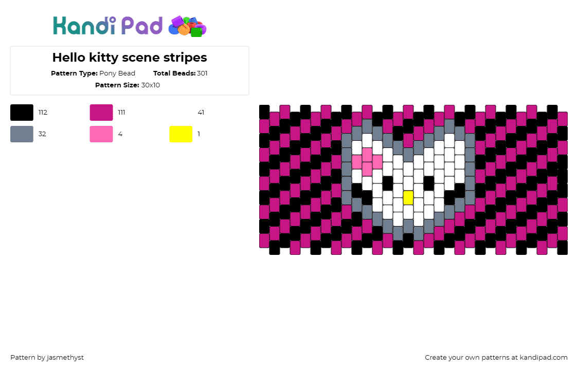 Hello kitty scene stripes - Pony Bead Pattern by jasmethyst on Kandi Pad - hello kitty,sanrio,scene,emo,stripes,cuff,nostalgic,contemporary,black,pink