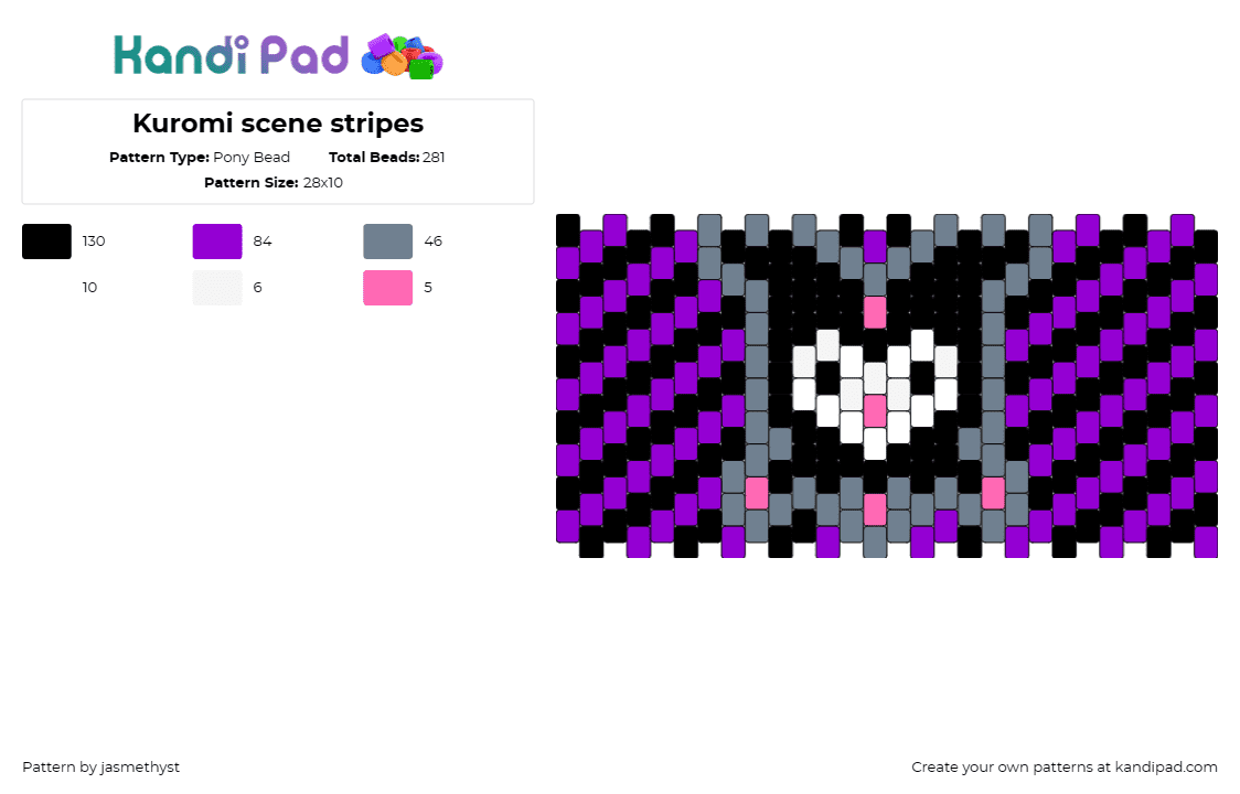 Kuromi scene stripes - Pony Bead Pattern by jasmethyst on Kandi Pad - kuromi,sanrio,kawaii,diagonal,stripes,cuff,character,black,purple