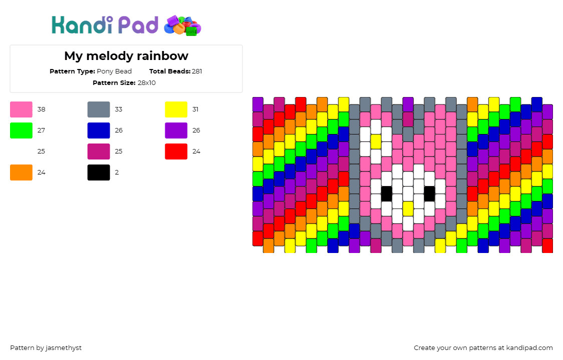 My melody rainbow - Pony Bead Pattern by jasmethyst on Kandi Pad - my melody,sanrio,rainbow,stripes,cuff,character