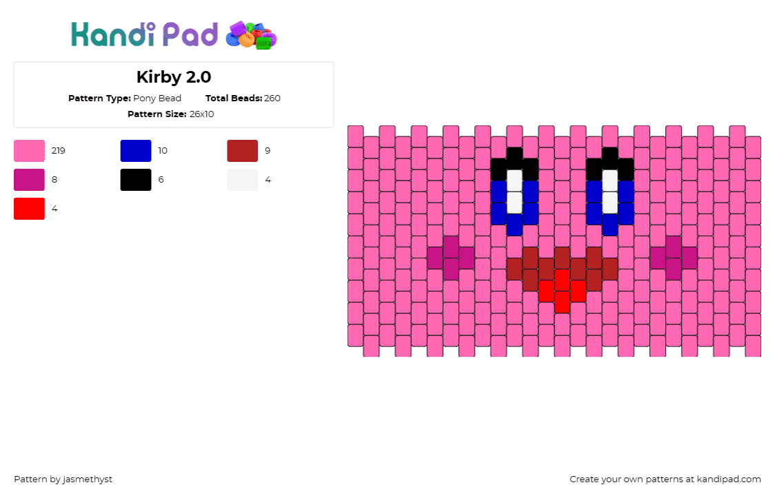 Kirby 2.0 - Pony Bead Pattern by jasmethyst on Kandi Pad - kirby,nintendo,cuff,character,playful,joy,expression,facial features,videogame,p