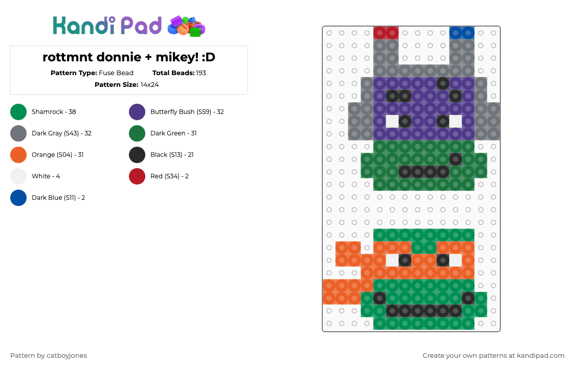 rottmnt donnie + mikey! :D - Fuse Bead Pattern by catboyjones on Kandi Pad - purple,gray,green,orange