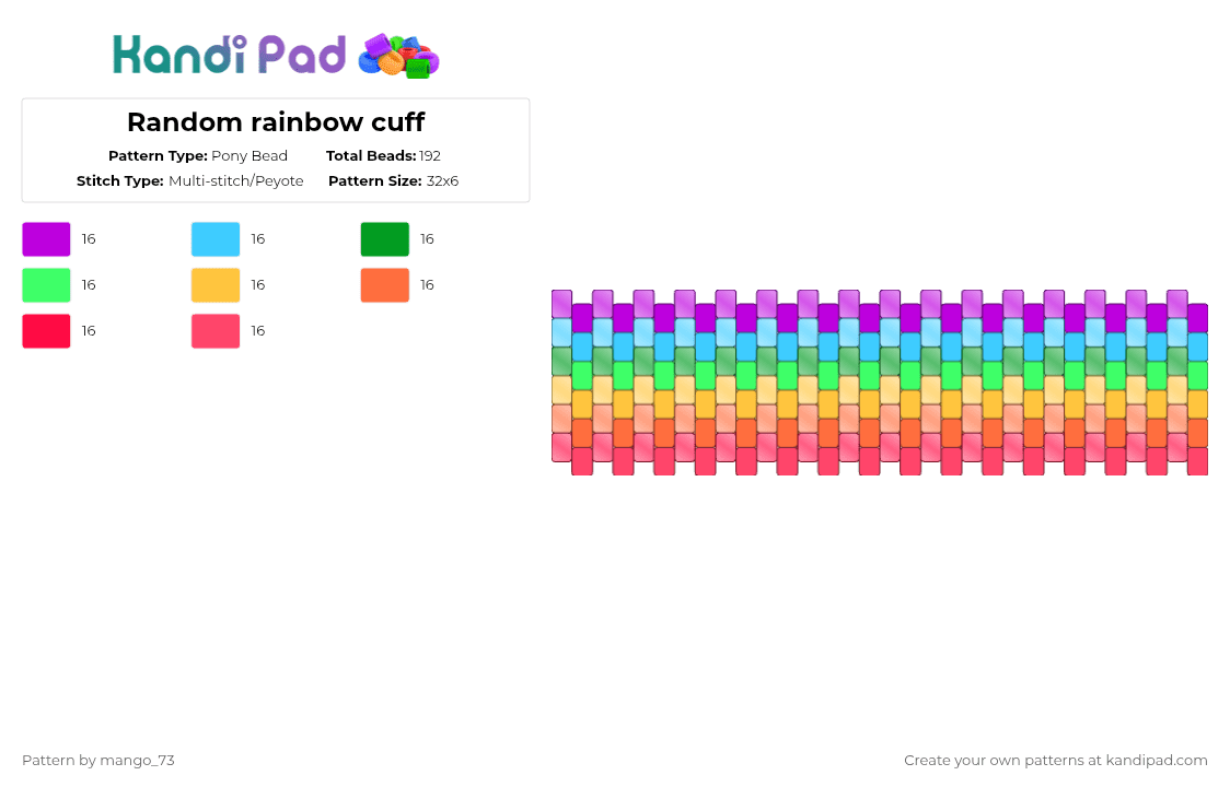 Random rainbow cuff - Pony Bead Pattern by mango_73 on Kandi Pad - light blue,orange,colorful,rainbow,decora,scenecore,scene,cute