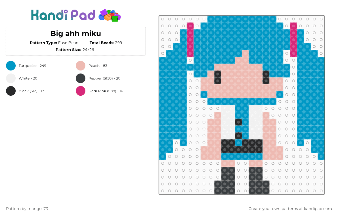 Big ahh miku - Fuse Bead Pattern by mango_73 on Kandi Pad - light blue,miku,hatsune miku,vocaloid,cute,music