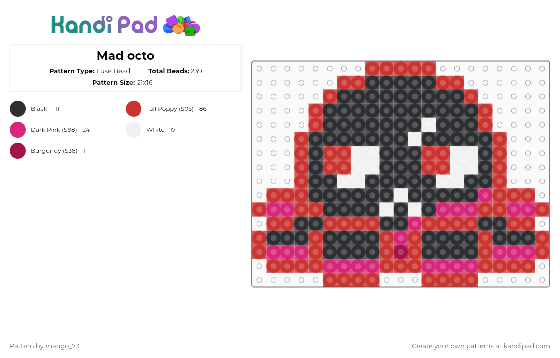 Mad octo - Fuse Bead Pattern by mango_73 on Kandi Pad - red,octo,octopus,cute,mad,angery,angry