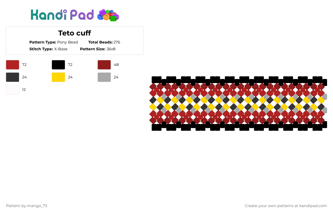 Teto cuff - Pony Bead Pattern by mango_73 on Kandi Pad - red,teto,kasane teto,vocaloid,music