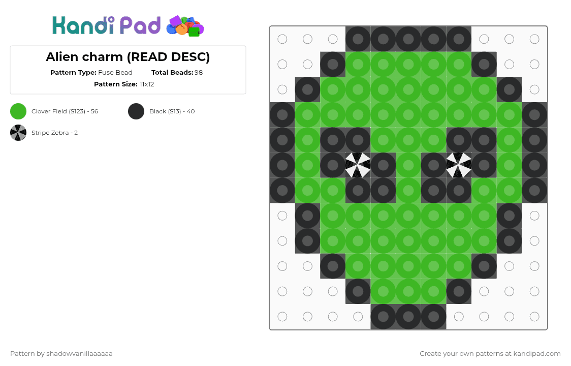 Alien charm (READ DESC) - Fuse Bead Pattern by mango_73 on Kandi Pad - black,green,alien,cute,scene,scenecore