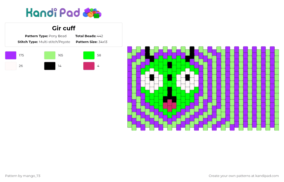 Gir cuff - Pony Bead Pattern by mango_73 on Kandi Pad - green,purple,gir,iv,invader,zim,invader zim,scenecore,cute,goofy