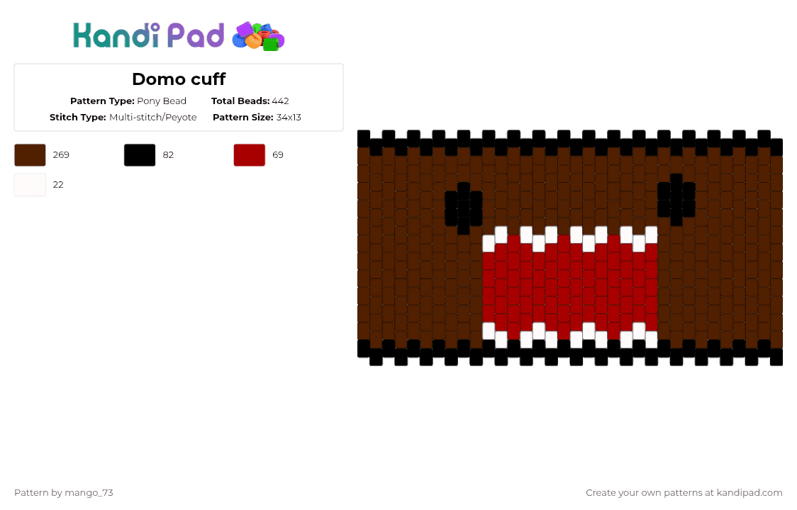 Domo cuff - Pony Bead Pattern by mango_73 on Kandi Pad - brown,domo,domo kun,scenecore,cute,goofy
