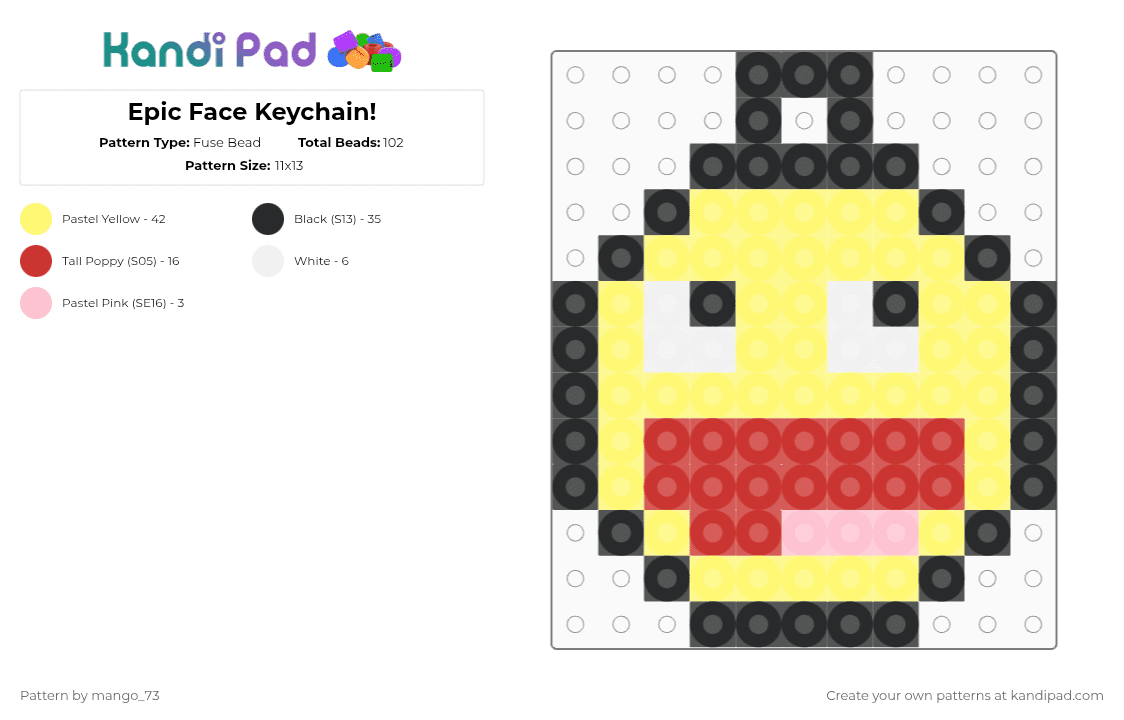 Epic Face Keychain! - Fuse Bead Pattern by mango_73 on Kandi Pad - yellow,epic face,emoji,roblox,goofy,happy,goofy ahh,scenecore,scene