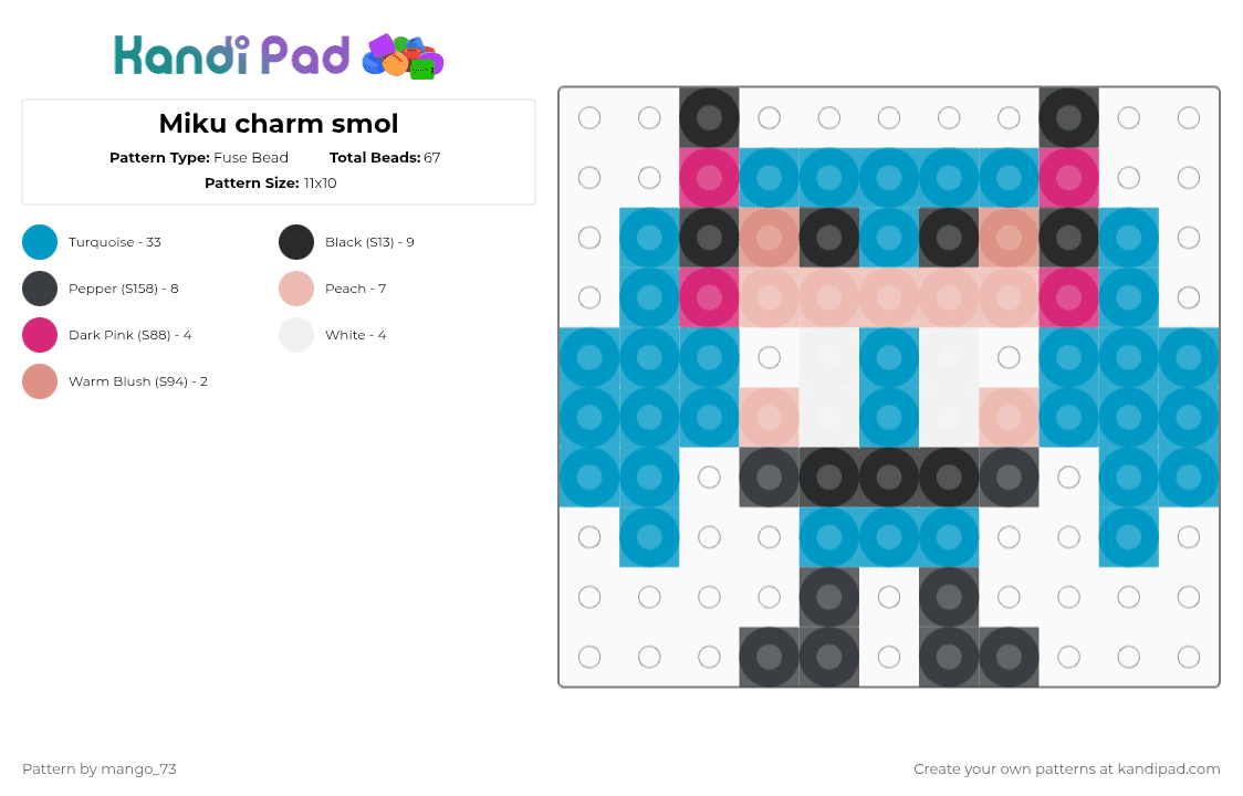 Miku charm smol - Fuse Bead Pattern by mango_73 on Kandi Pad - light blue,miku,music,vocaloid,hatsune miku
