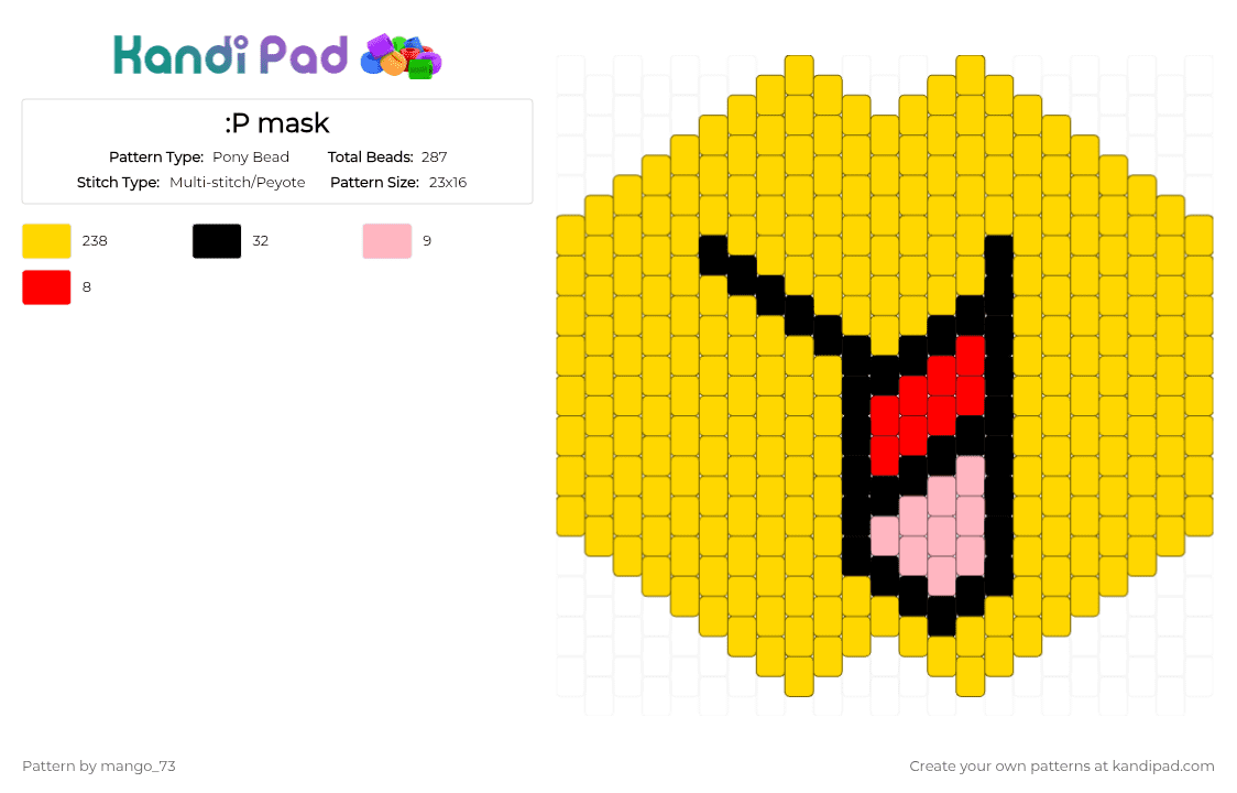 :P mask - Pony Bead Pattern by mango_73 on Kandi Pad - yellow,goofy,yippee,yay,epic face,goober