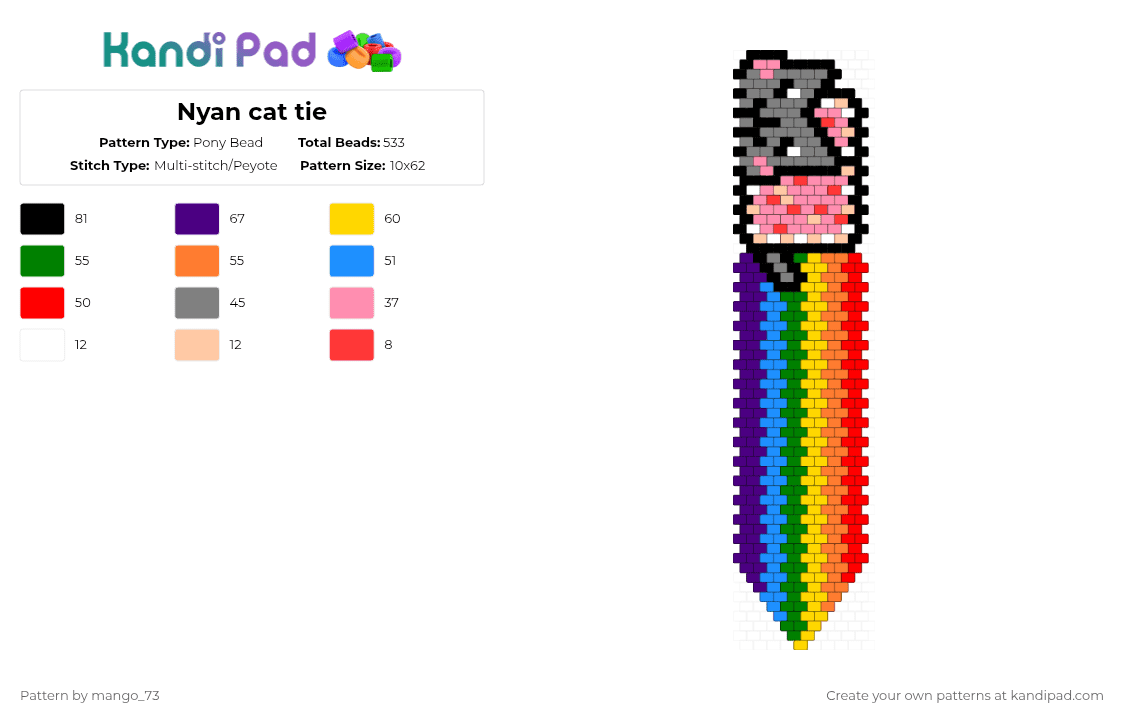 Nyan cat tie - Pony Bead Pattern by mango_73 on Kandi Pad - gray,light blue,yellow,colorful,nyan cat,meow,cat,cute,tie