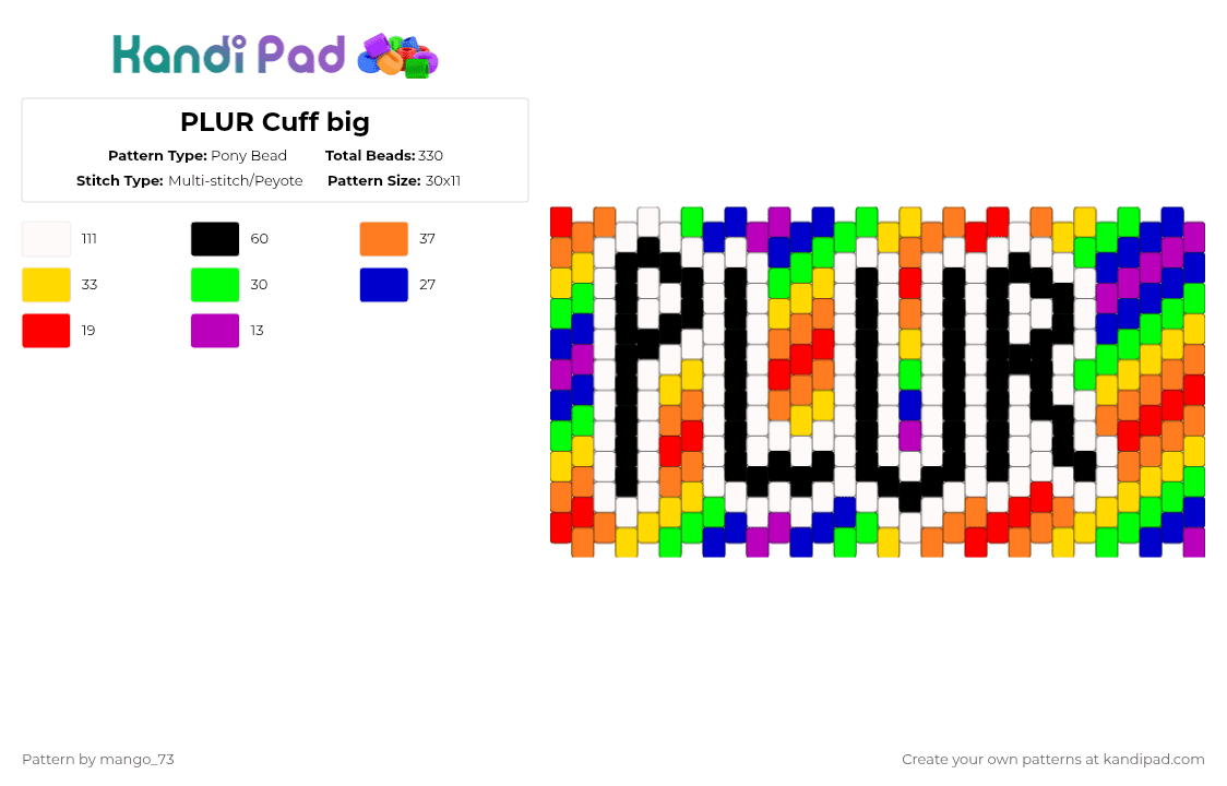 PLUR Cuff big - Pony Bead Pattern by mango_73 on Kandi Pad - white,orange,green,colorful,plur,love,peace,pride