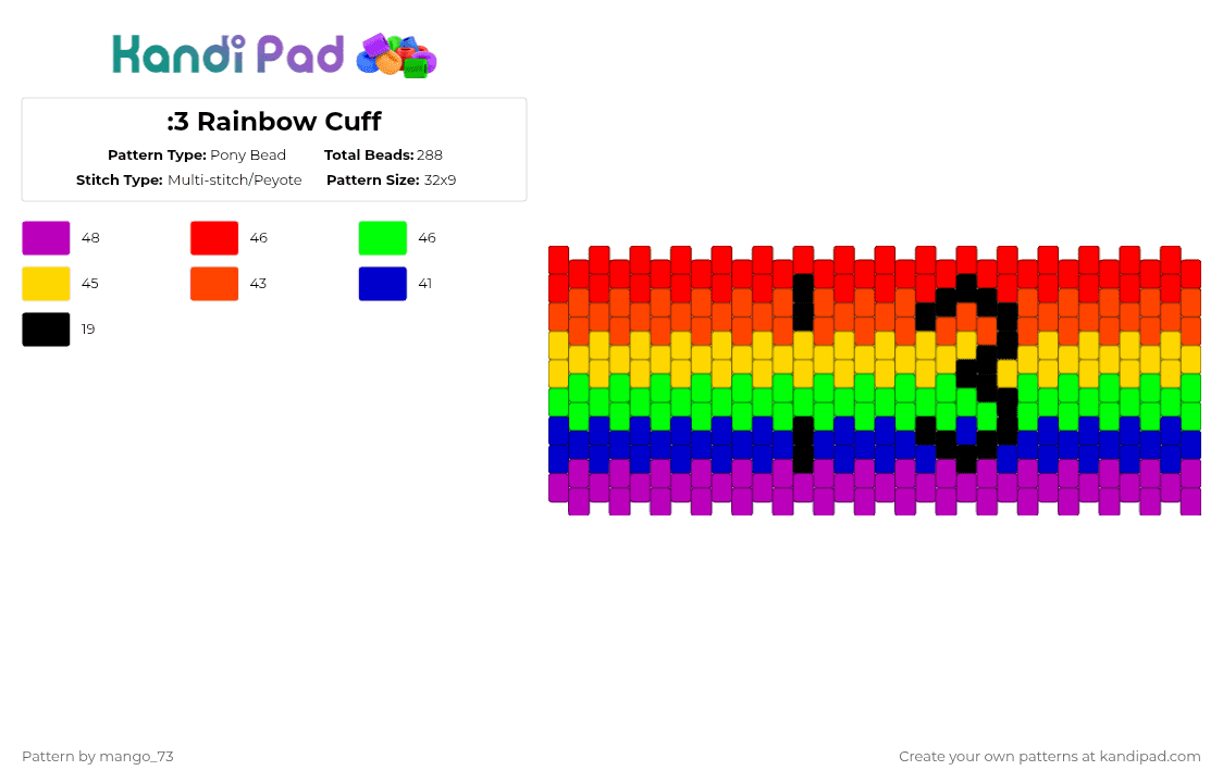 :3 Rainbow Cuff - Pony Bead Pattern by mango_73 on Kandi Pad - red,cute,rainbow,goofy,lil guy,yay,yayyyyyyyyyyy,owo,uwu