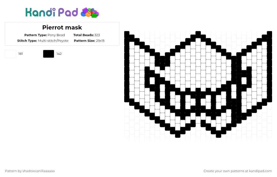 Pierrot mask - Pony Bead Pattern by mango_73 on Kandi Pad - black,white,pierrot,tfc,the freak circus,clown,mask