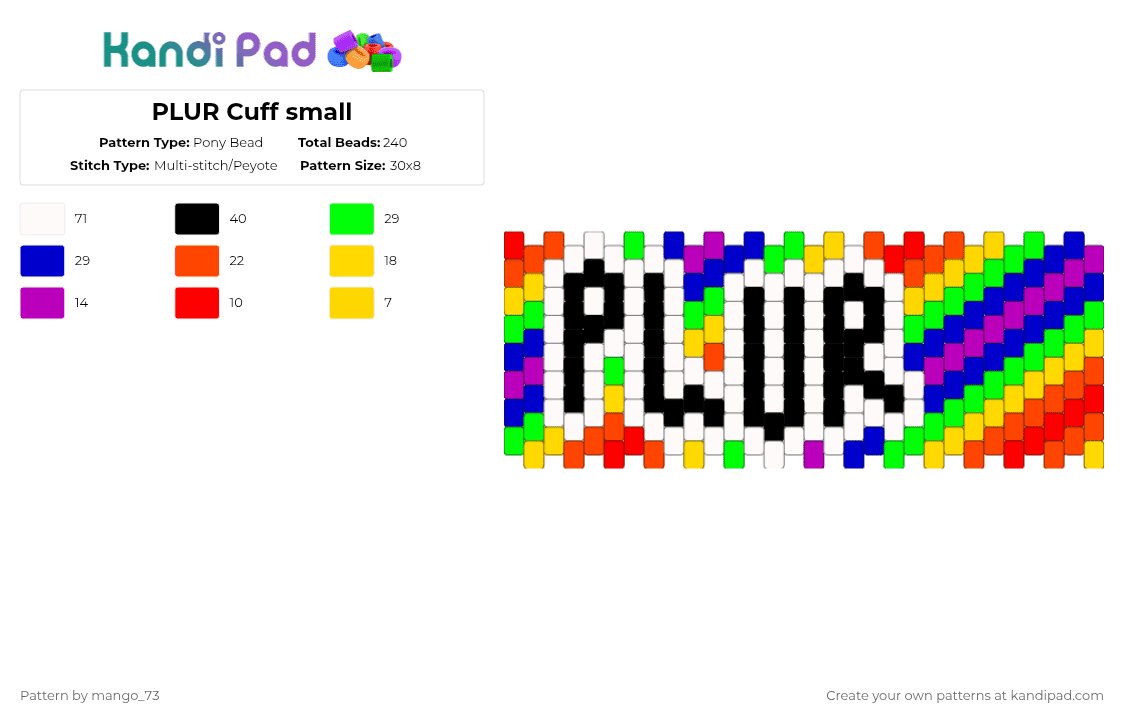 PLUR Cuff small - Pony Bead Pattern by mango_73 on Kandi Pad - yellow,red,green,purple,plur,cuff,love,pride