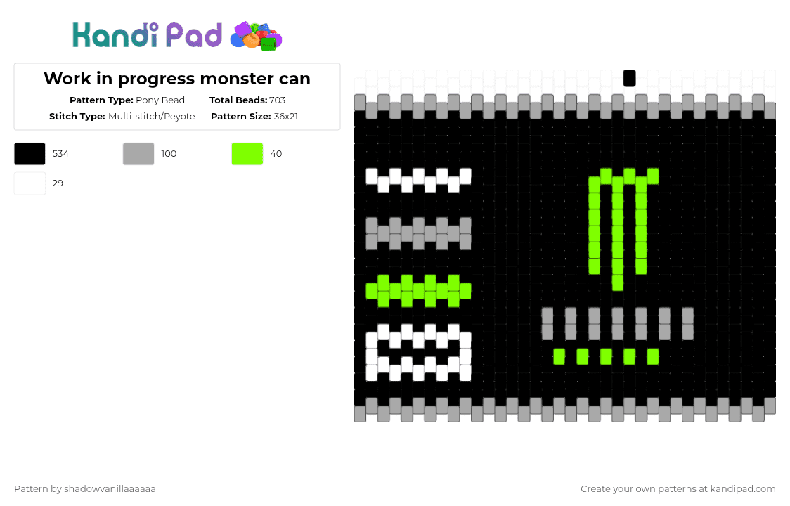 Work in progress monster can - Pony Bead Pattern by mango_73 on Kandi Pad - black,green,beige,monster,pop,soda,energy,monster energy