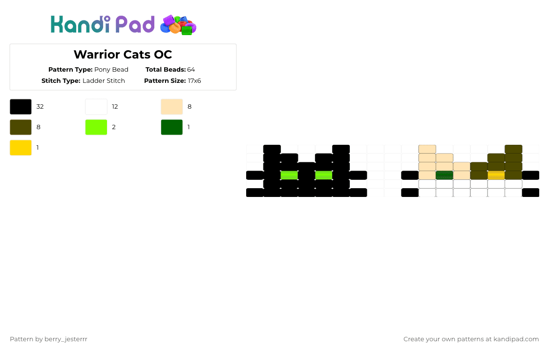 Warrior Cats OC - Pony Bead Pattern by kandi_jesterrr on Kandi Pad - black,beige,tan,warriorcatocs calico,blackcat ocs,black green beige white,darkgrey
