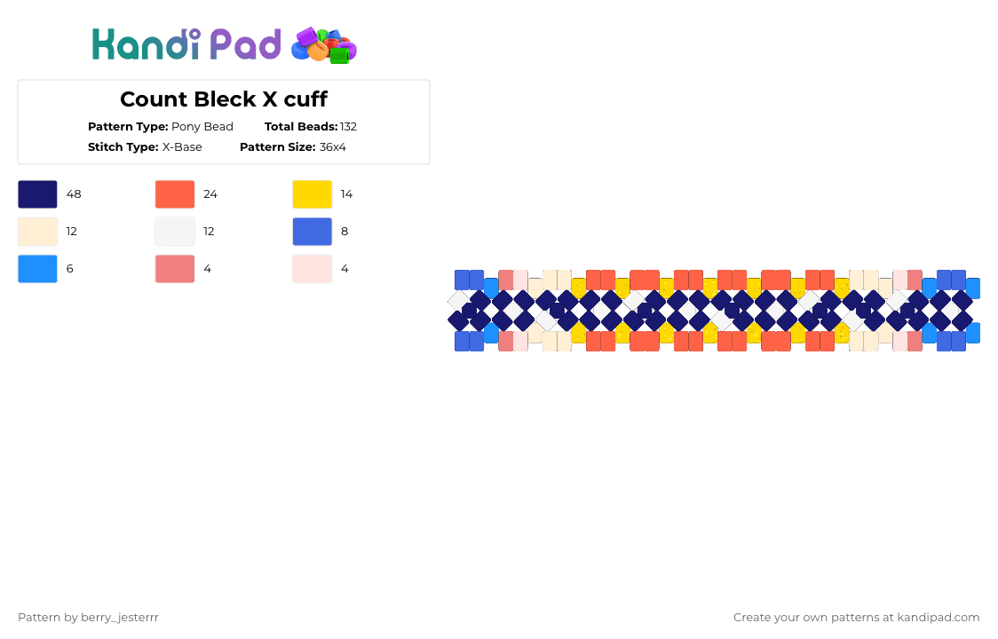 Count Bleck X cuff - Pony Bead Pattern by kandi_jesterrr on Kandi Pad - red,purple