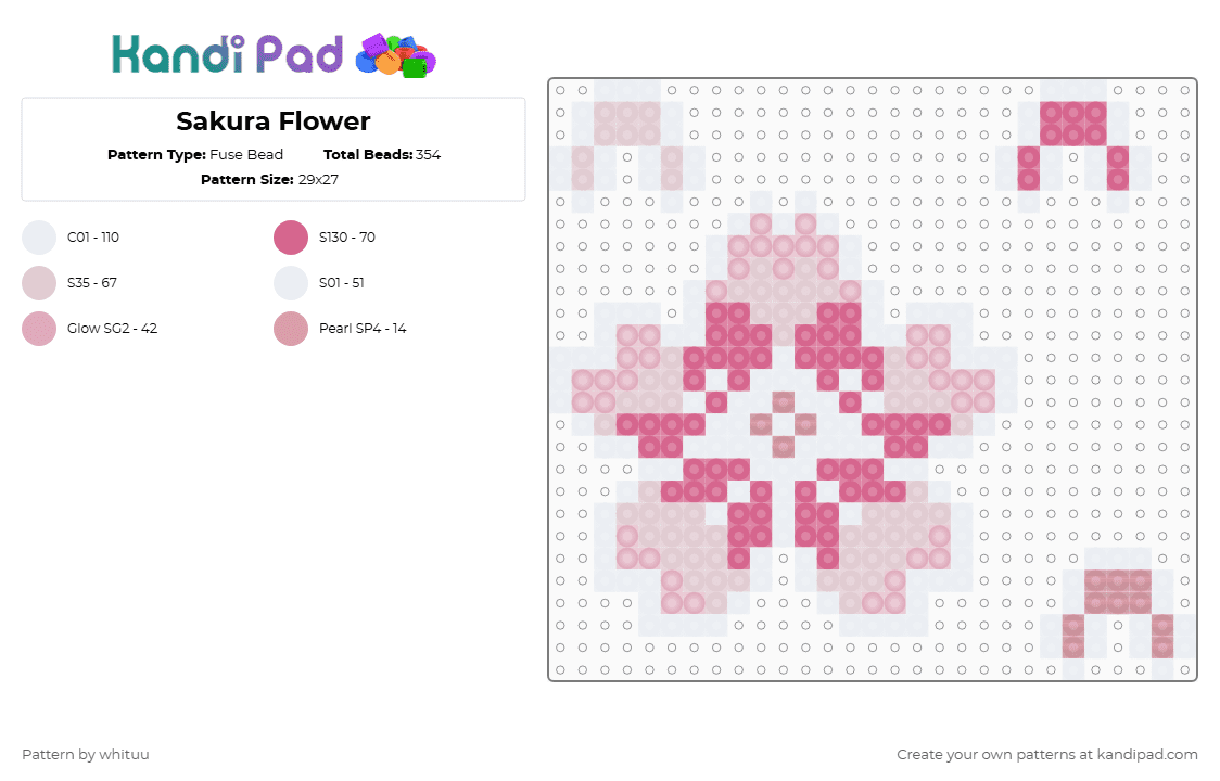 Sakura Flower - Fuse Bead Pattern by whituu on Kandi Pad - white,pink