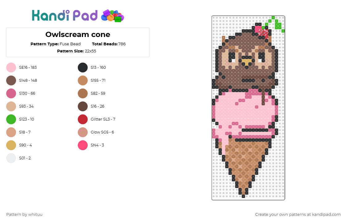 Owlscream cone - Fuse Bead Pattern by whituu on Kandi Pad - pink, tan