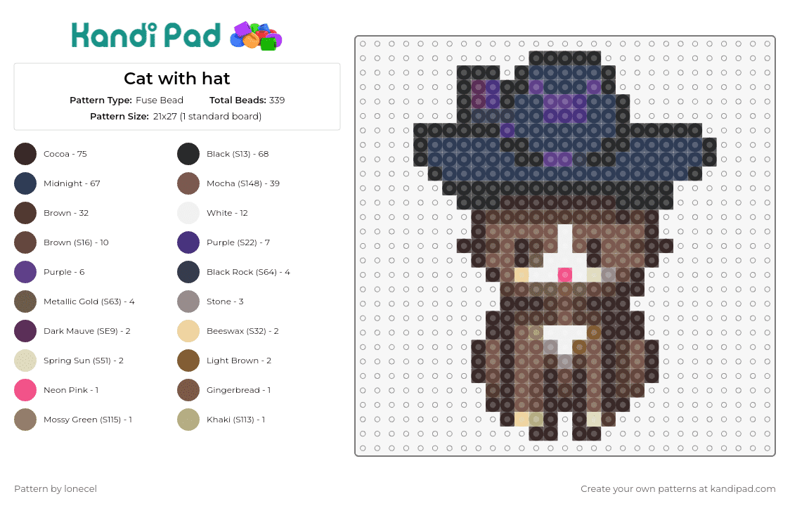 Cat with hat - Fuse Bead Pattern by lonecel on Kandi Pad - cat,hat,animal,dapper,elegant,sophistication,feline,quirky,brown,blue