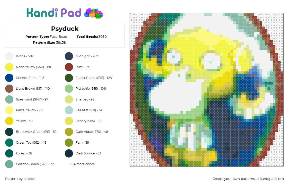 Psyduck - Fuse Bead Pattern by lonecel on Kandi Pad - psyduck,pokemon,washington,president,silly,portrait,yellow,blue