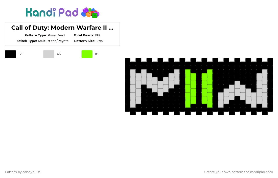 Call of Duty: Modern Warfare II leg cuff - Pony Bead Pattern by candyb00t on Kandi Pad - black,white,green,cod,callofduty,modern warfare ii,call of duty modern warfare ii,call of duty,modernwarfareii