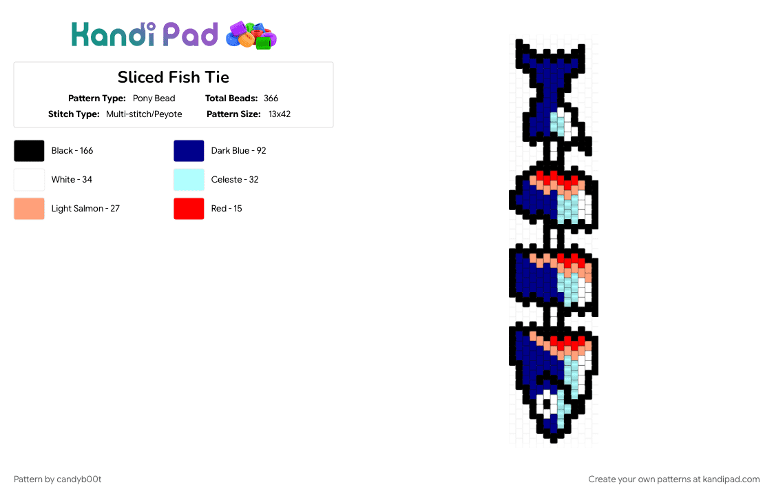 Sliced Fish Tie - Pony Bead Pattern by candyb00t on Kandi Pad - fish, fish tie, fishy, kandi tie, kandi ties, purple, sliced fish, sliced fishy, tie