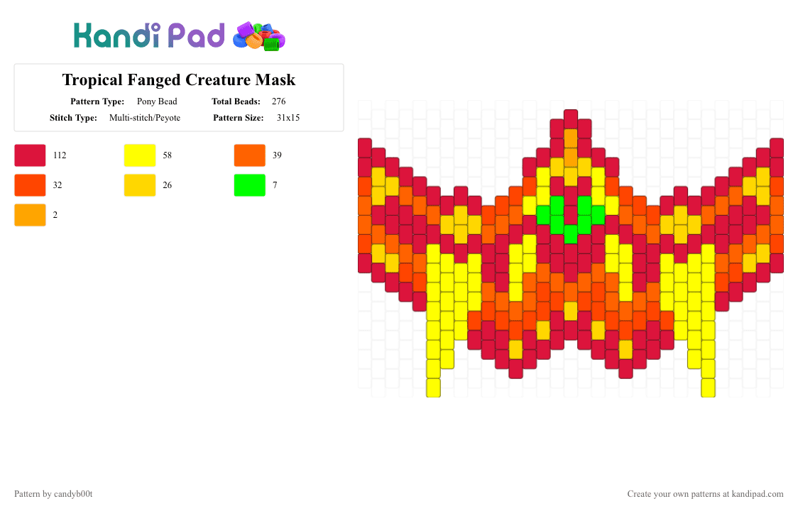 Tropical Fanged Creature Mask - Pony Bead Pattern by candyb00t on Kandi Pad - red,yellow,mask,fangs,fanged,creature,monster,tropical,tropical colors,mouth