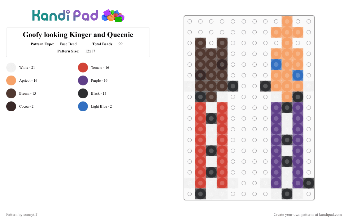 Goofy looking Kinger and Queenie - Fuse Bead Pattern by sunnytff on Kandi Pad - brown,red,orange,purple,kinger,queenie,tadc