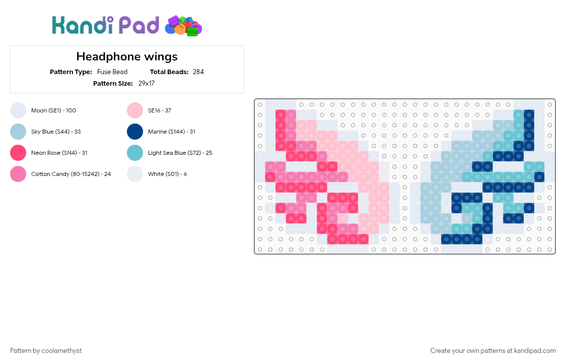 Headphone wings - Fuse Bead Pattern by coolamethyst on Kandi Pad - light blue, pink