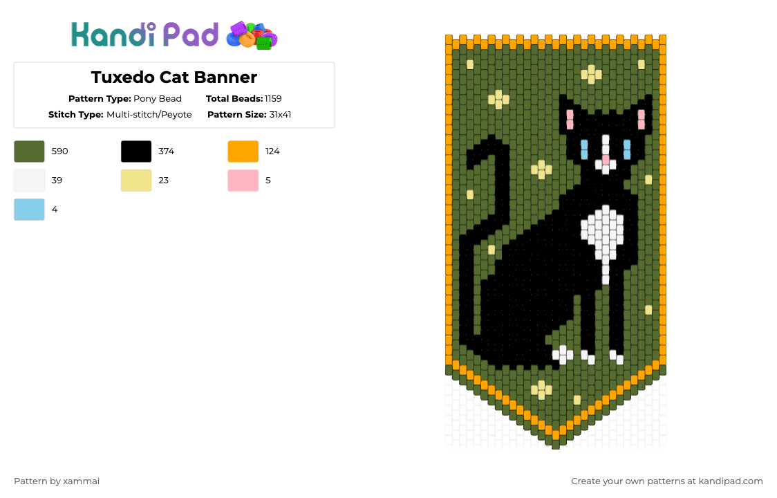 Tuxedo Cat Banner - Pony Bead Pattern by xammai on Kandi Pad - gold