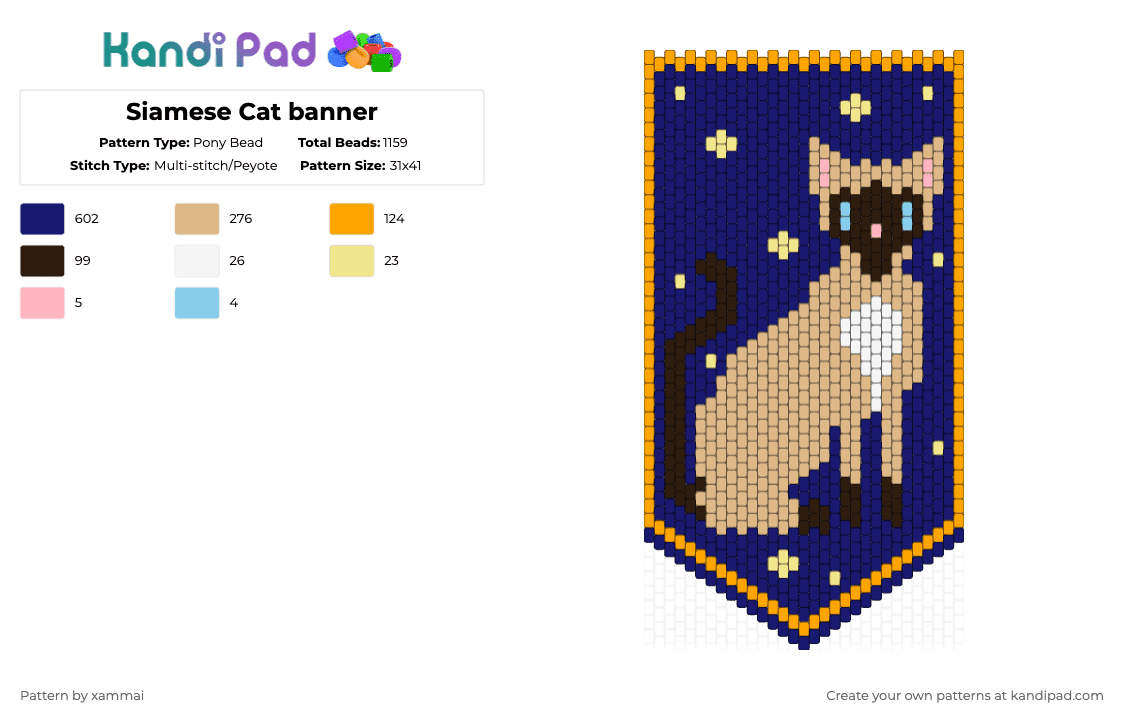 Siamese Cat banner - Pony Bead Pattern by xammai on Kandi Pad - banner, beige, cat, kitty, meow, purple