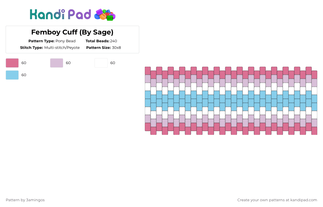 Femboy Cuff (By Sage) - Pony Bead Pattern by deleted_user_556604 on Kandi Pad - pink,light blue
