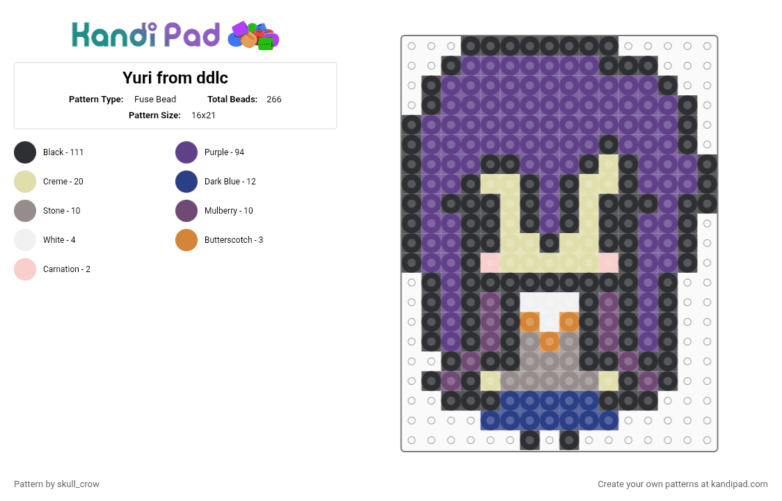 Yuri from ddlc - Fuse Bead Pattern by skull_crow on Kandi Pad - black,purple,yellow