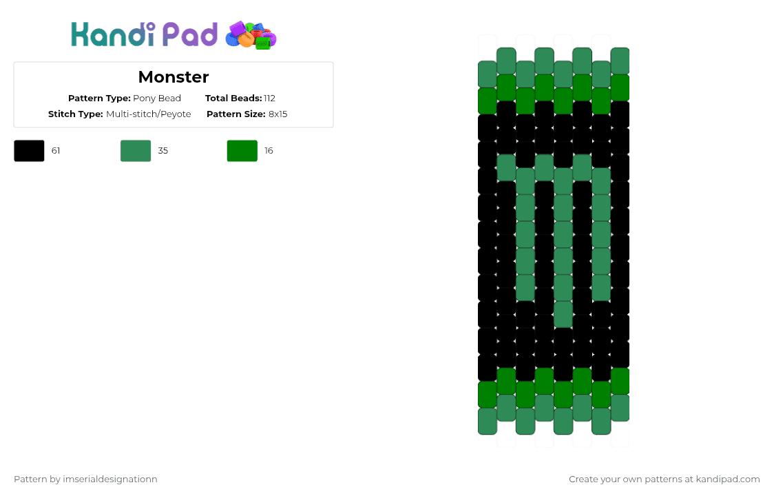 Monster - Pony Bead Pattern by imserialdesignationn on Kandi Pad - green,black,monster