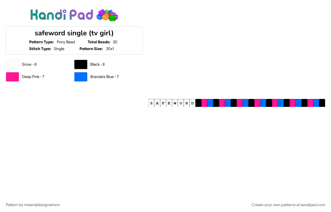 safeword single (tv girl) - Pony Bead Pattern by imserialdesignationn on Kandi Pad - blue, blue and pink, ithinkiliketvigirl, pink, pink and blue, single, tv girl, tvgirl