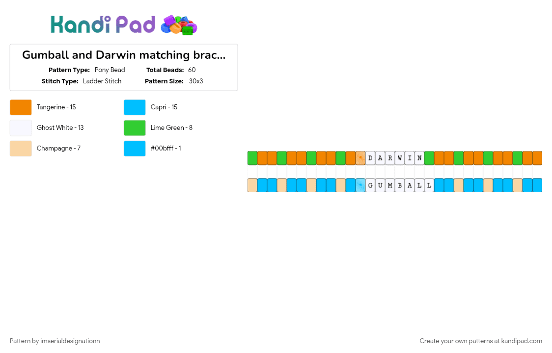 Gumball and Darwin matching bracelets - Pony Bead Pattern by imserialdesignationn on Kandi Pad - cartoon, character, cotdfriendship, darwin, gumball, light blue, orange, single, singles, the amazing world of gumball