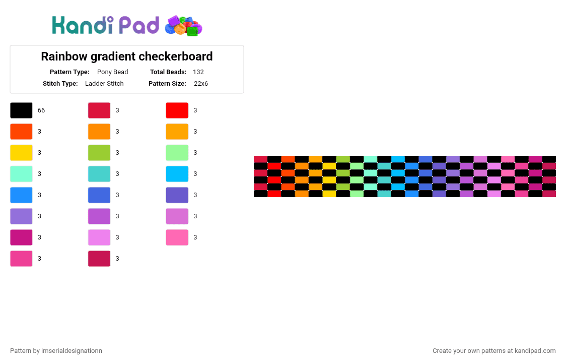 Rainbow gradient checkerboard - Pony Bead Pattern by imserialdesignationn on Kandi Pad - black, cotdgradient, light blue, pink, red