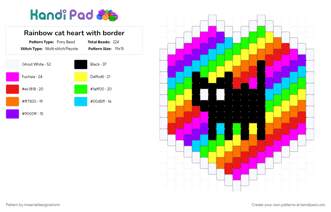 Rainbow cat heart with border - Pony Bead Pattern by imserialdesignationn on Kandi Pad - animal, black cat, cat, colorful, cute, heart, rainbow, red, stripes, yellow