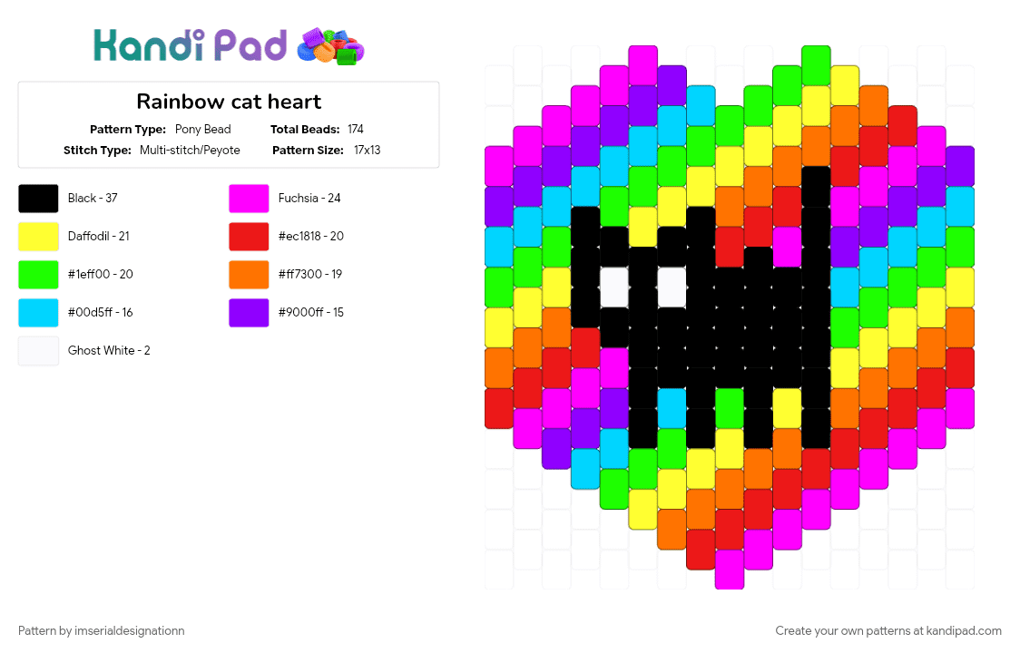 Rainbow cat heart - Pony Bead Pattern by imserialdesignationn on Kandi Pad - 