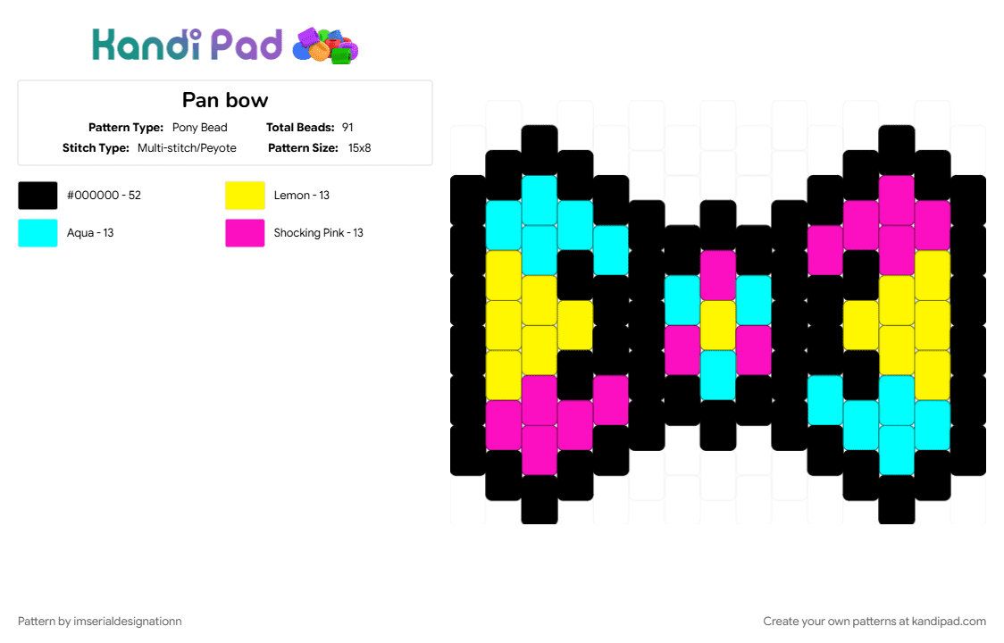 Pan bow - Pony Bead Pattern by imserialdesignationn on Kandi Pad - black, light blue, pan, pansexual, pink, pride, pride bow, pride flag, yellow