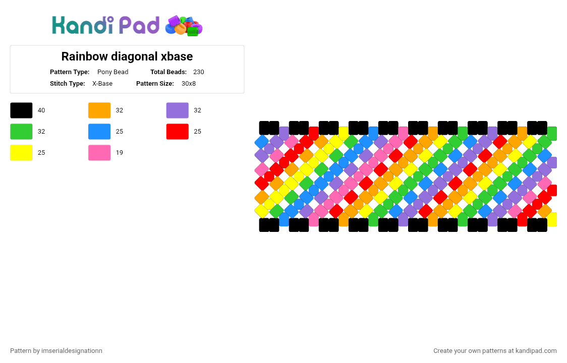 Rainbow diagonal xbase - Pony Bead Pattern by imserialdesignationn on Kandi Pad - orange,red,yellow,colorful,rainbow,colors,pattern,xbase,black with rainbow
