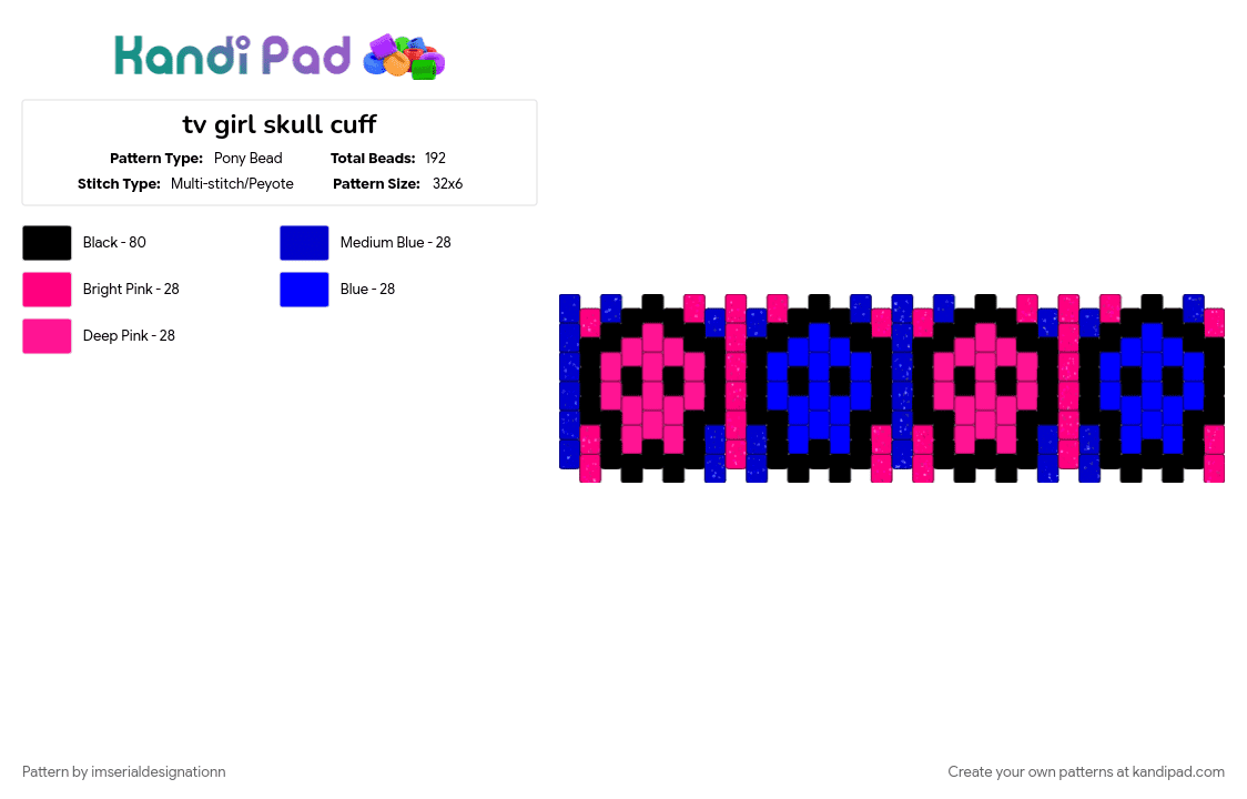 tv girl skull cuff - Pony Bead Pattern by imserialdesignationn on Kandi Pad - pink, pink and blue, purple, skull, skulls, tv girl, tvgirl, who really cares