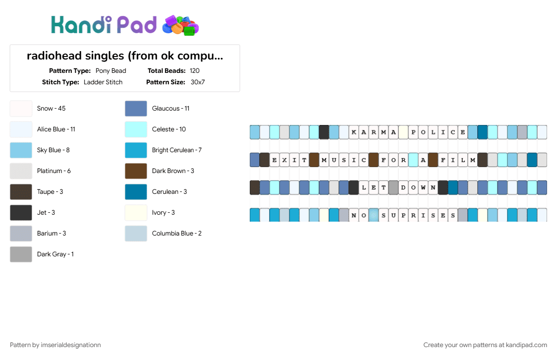 radiohead singles (from ok computer) - Pony Bead Pattern by imserialdesignationn on Kandi Pad - blue, cotdworldmusic, karma police, let down, light blue, music, no suprises, ok computer, radiohead, singles, white